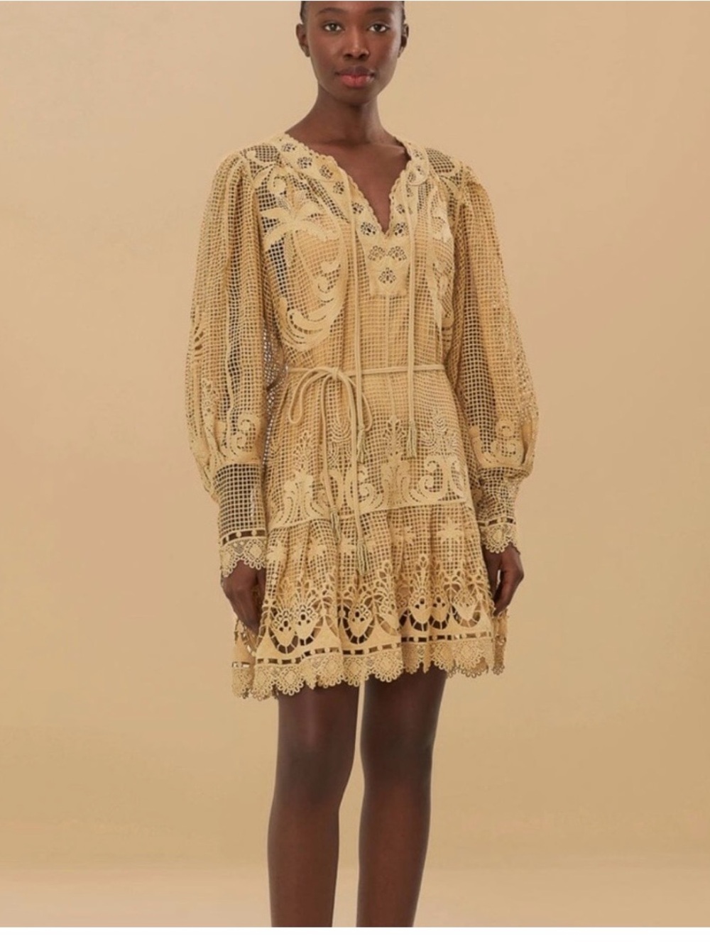 FARM Rio Beige/khaki Crochet Lace Mini Dress with Puff Sleeves